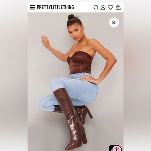 PrettyLittleThing Chocolate Croc PU Knee High Point Block Heeled Boots